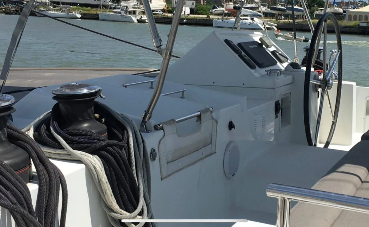 Cockpit of NEMO45, a Lagoon 450 Fly catamaran at Naples, Italy