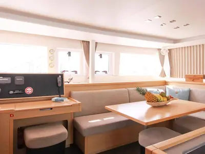 Salon of NEMO45, a Lagoon 450 Fly catamaran at Naples, Italy