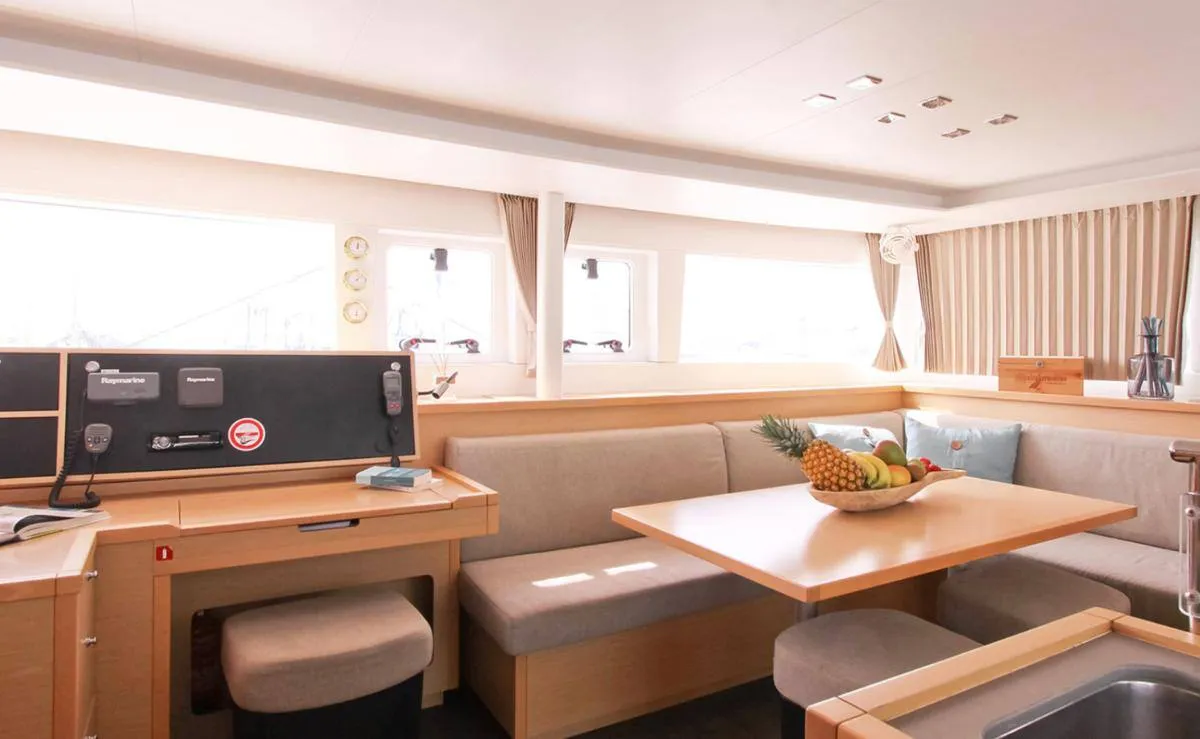 Salon of NEMO45, a Lagoon 450 Fly catamaran at Naples, Italy