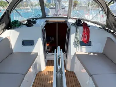 Cockpit of Ethra, a Jeanneau Sun Odyssey 380 sailboat at Lavreotiki, Greece