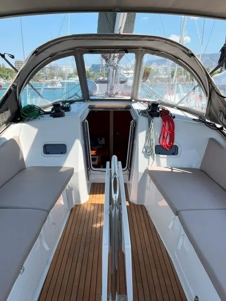 Cockpit of Ethra, a Jeanneau Sun Odyssey 380 sailboat at Lavreotiki, Greece