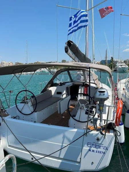 Cockpit of Ethra, a Jeanneau Sun Odyssey 380 sailboat at Lavreotiki, Greece