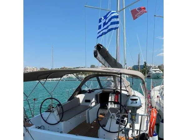 Cockpit of Ethra, a Jeanneau Sun Odyssey 380 sailboat at Lavreotiki, Greece