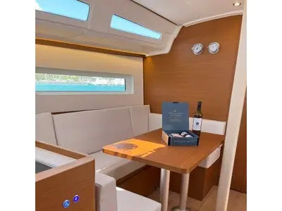 Salon of Ethra, a Jeanneau Sun Odyssey 380 sailboat at Lavreotiki, Greece