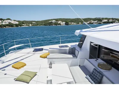 Deck of Lou Creusois, a Bali 4.4 catamaran at Cogolin, France