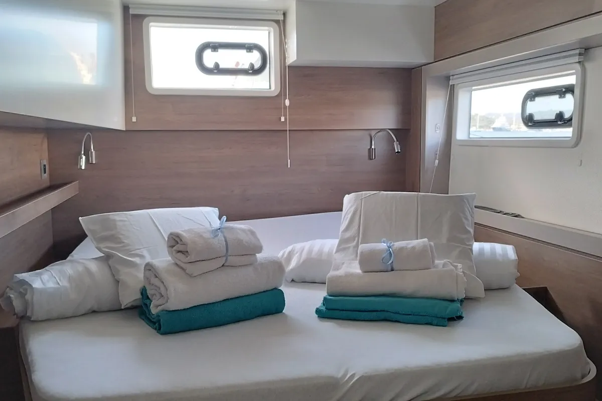 Cabin on Stenella, a Bali 4.4 catamaran at Olbia, Italy