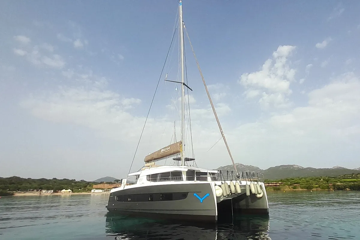 Exterior view of Stenella, a Bali 4.4 catamaran at Olbia, Italy