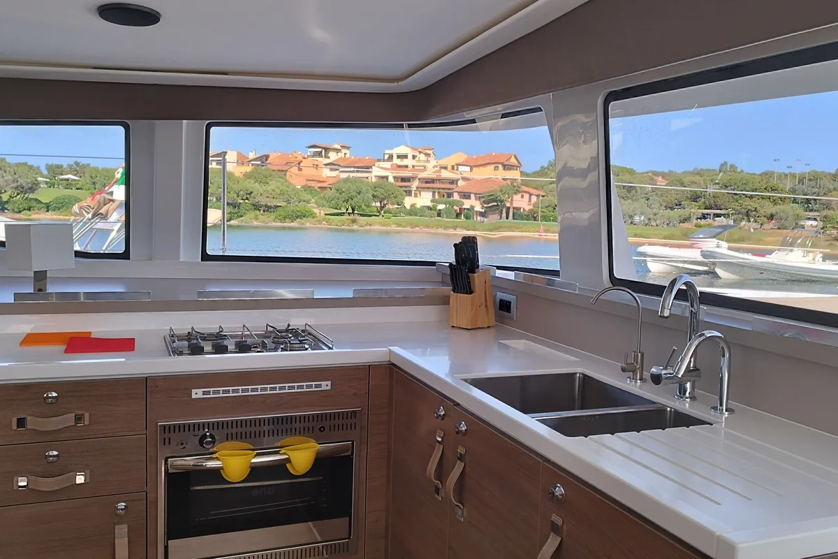 Galley of Stenella, a Bali 4.4 catamaran at Olbia, Italy
