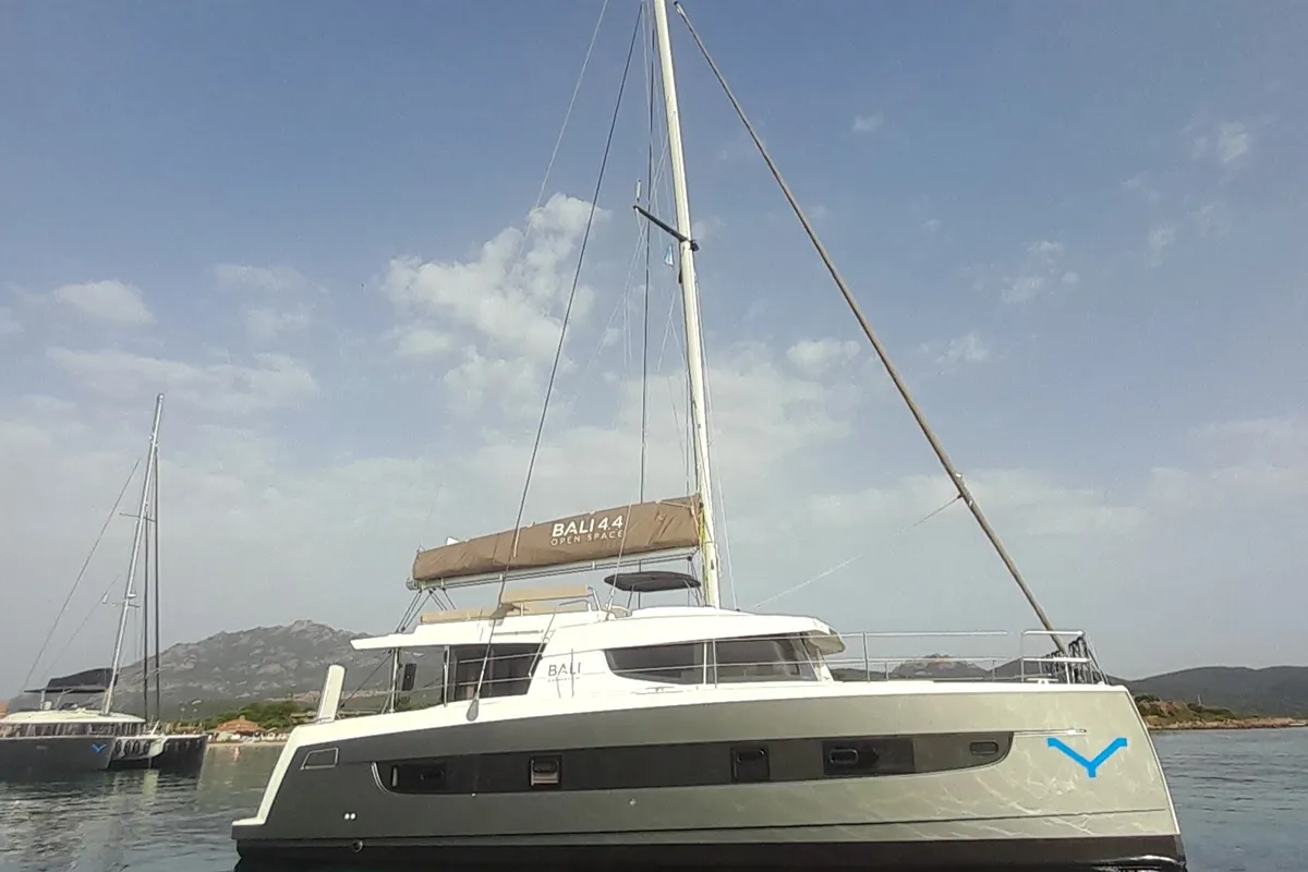 Exterior view of Stenella, a Bali 4.4 catamaran at Olbia, Italy
