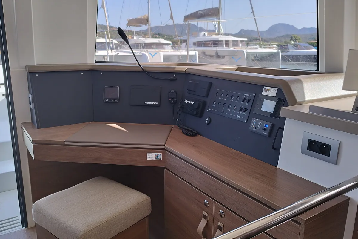 Cockpit of Stenella, a Bali 4.4 catamaran at Olbia, Italy