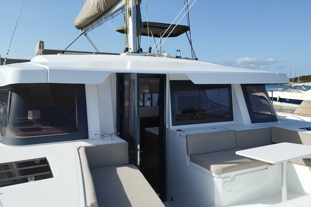 Deck of Stenella, a Bali 4.4 catamaran at Olbia, Italy