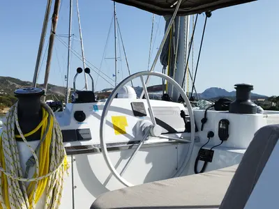 Cockpit of Stenella, a Bali 4.4 catamaran at Olbia, Italy