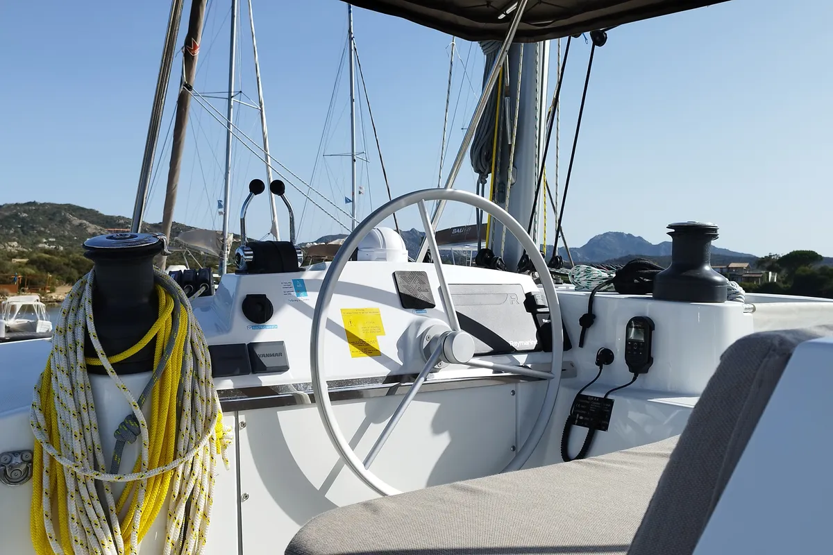 Cockpit of Stenella, a Bali 4.4 catamaran at Olbia, Italy