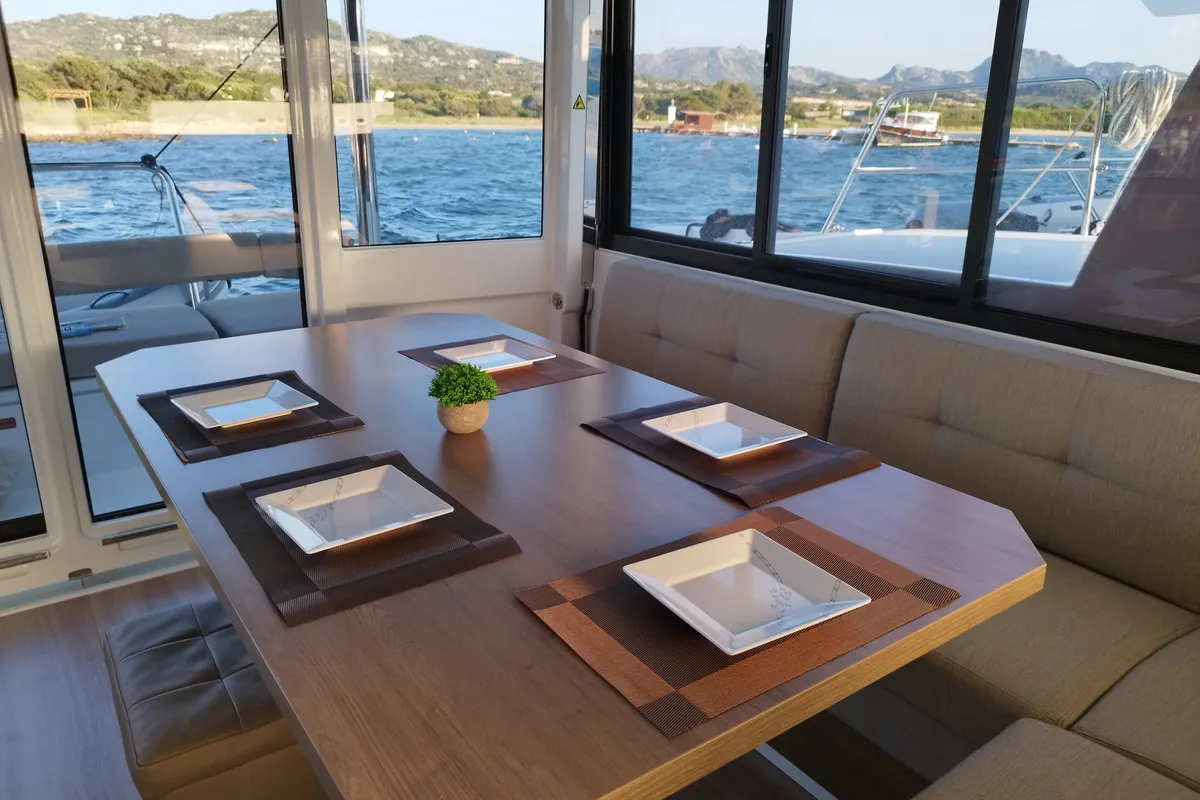 Salon of Stenella, a Bali 4.4 catamaran at Olbia, Italy