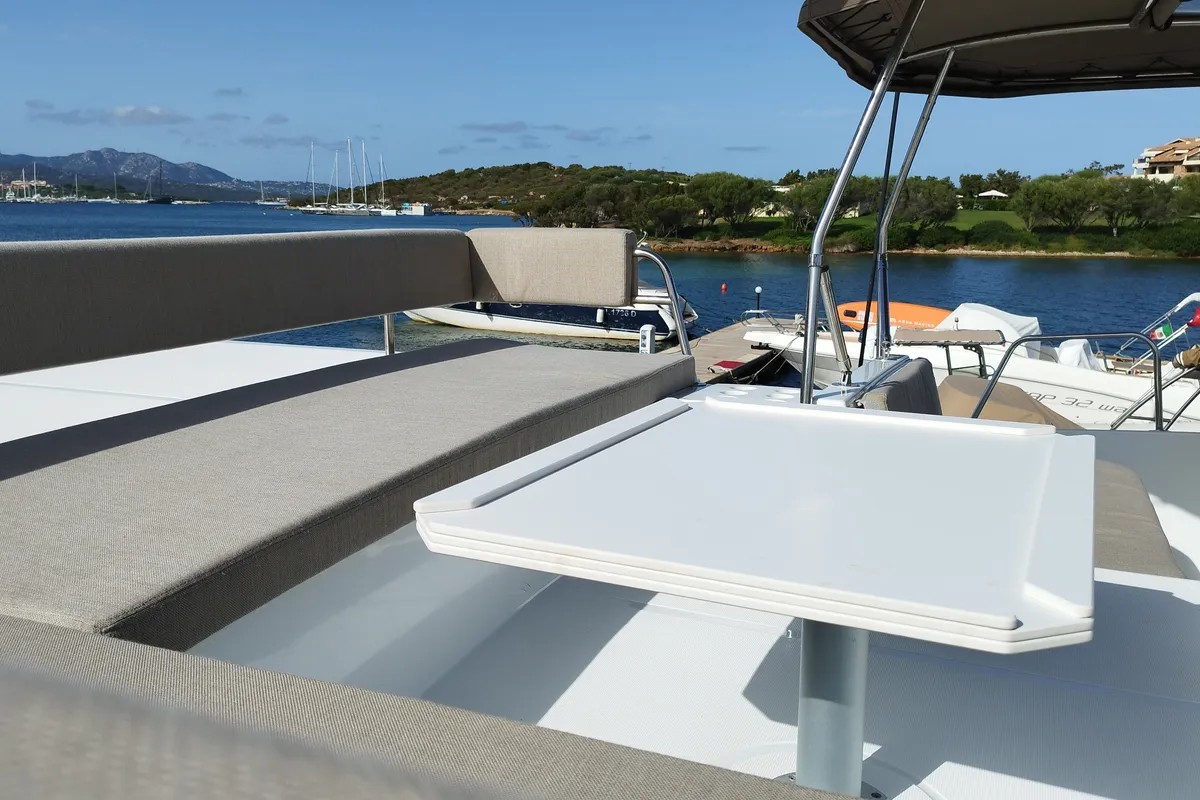Deck of Stenella, a Bali 4.4 catamaran at Olbia, Italy