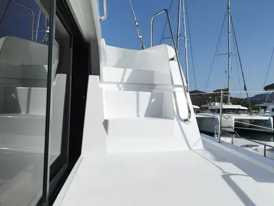 Deck of Stenella, a Bali 4.4 catamaran at Olbia, Italy