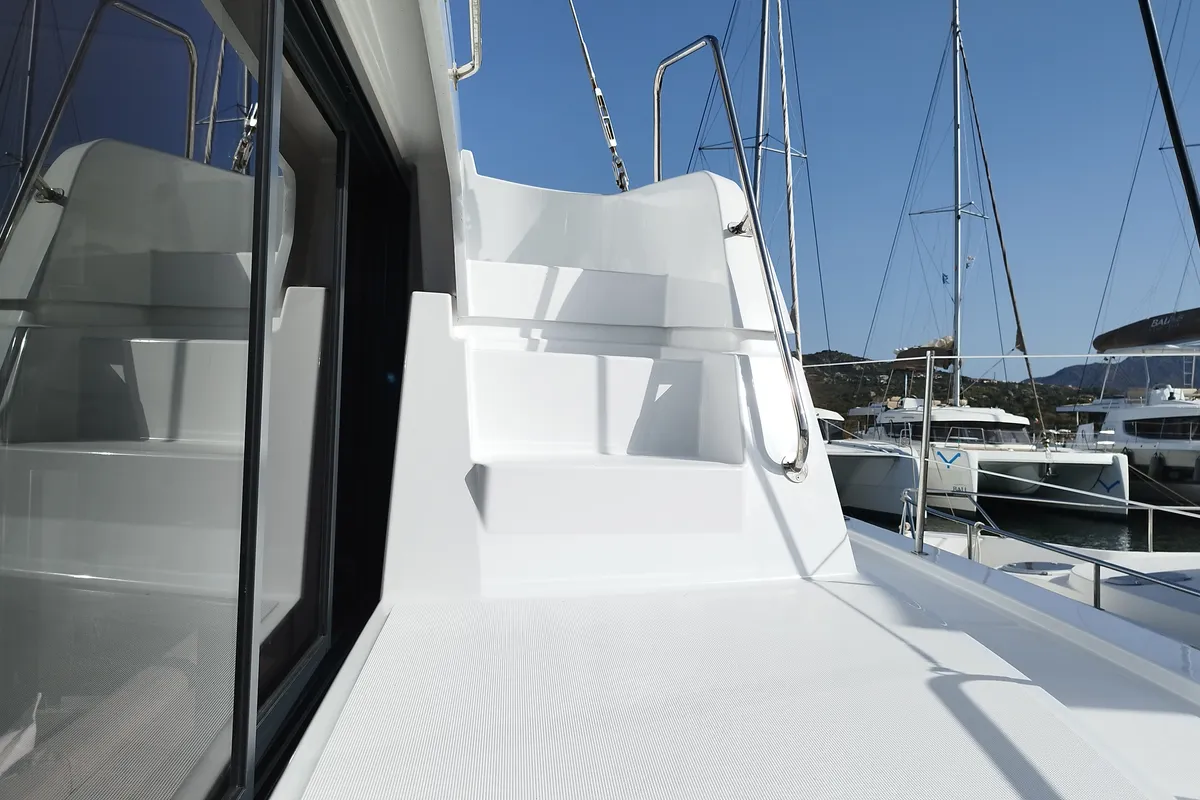 Deck of Stenella, a Bali 4.4 catamaran at Olbia, Italy