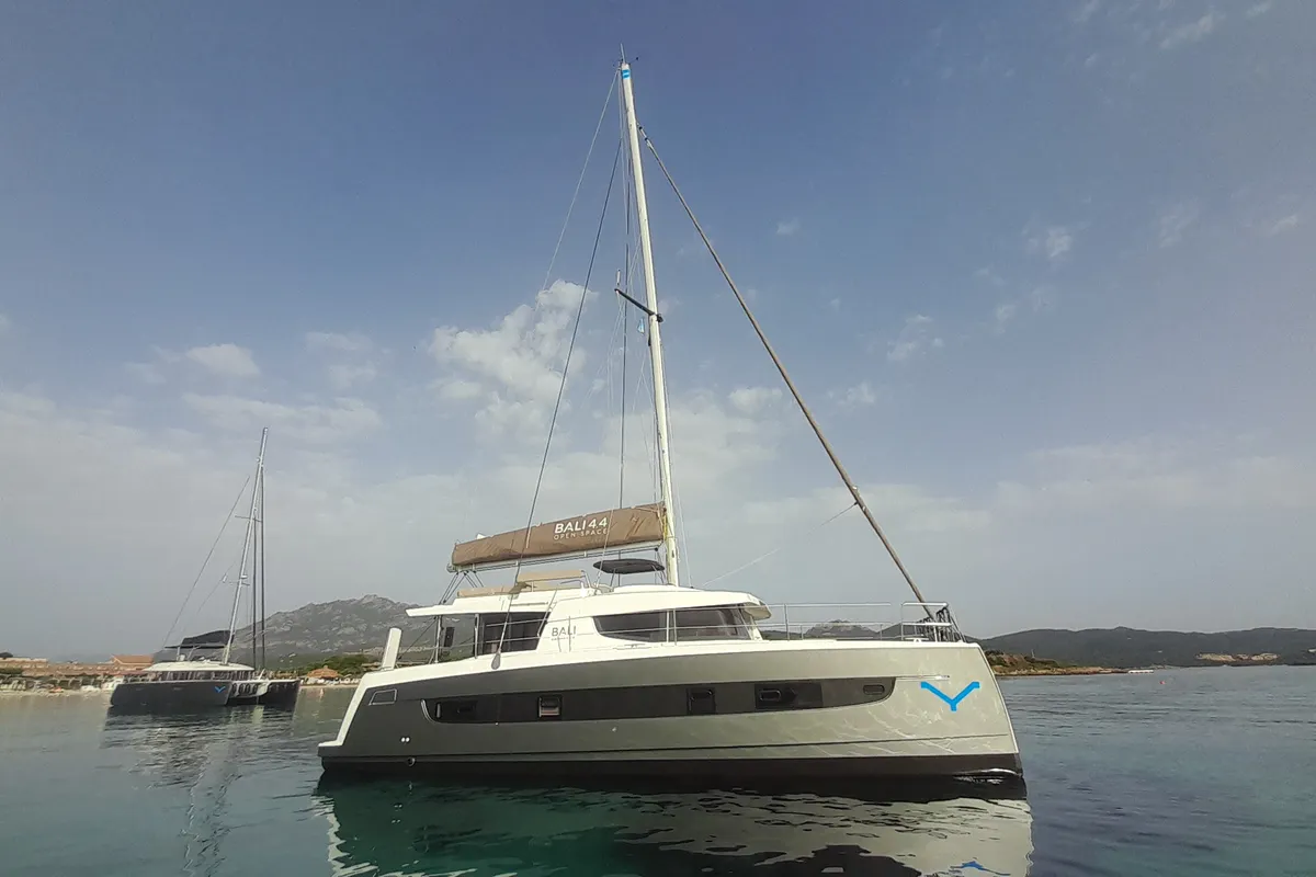 Exterior view of Stenella, a Bali 4.4 catamaran at Olbia, Italy