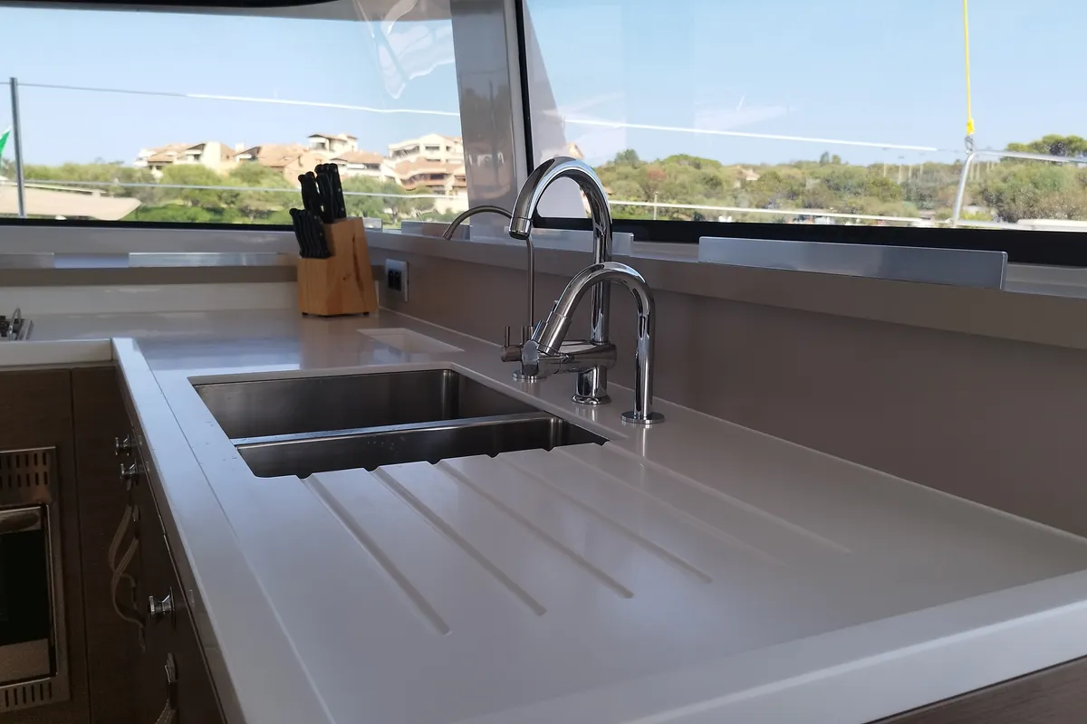 Galley of Stenella, a Bali 4.4 catamaran at Olbia, Italy