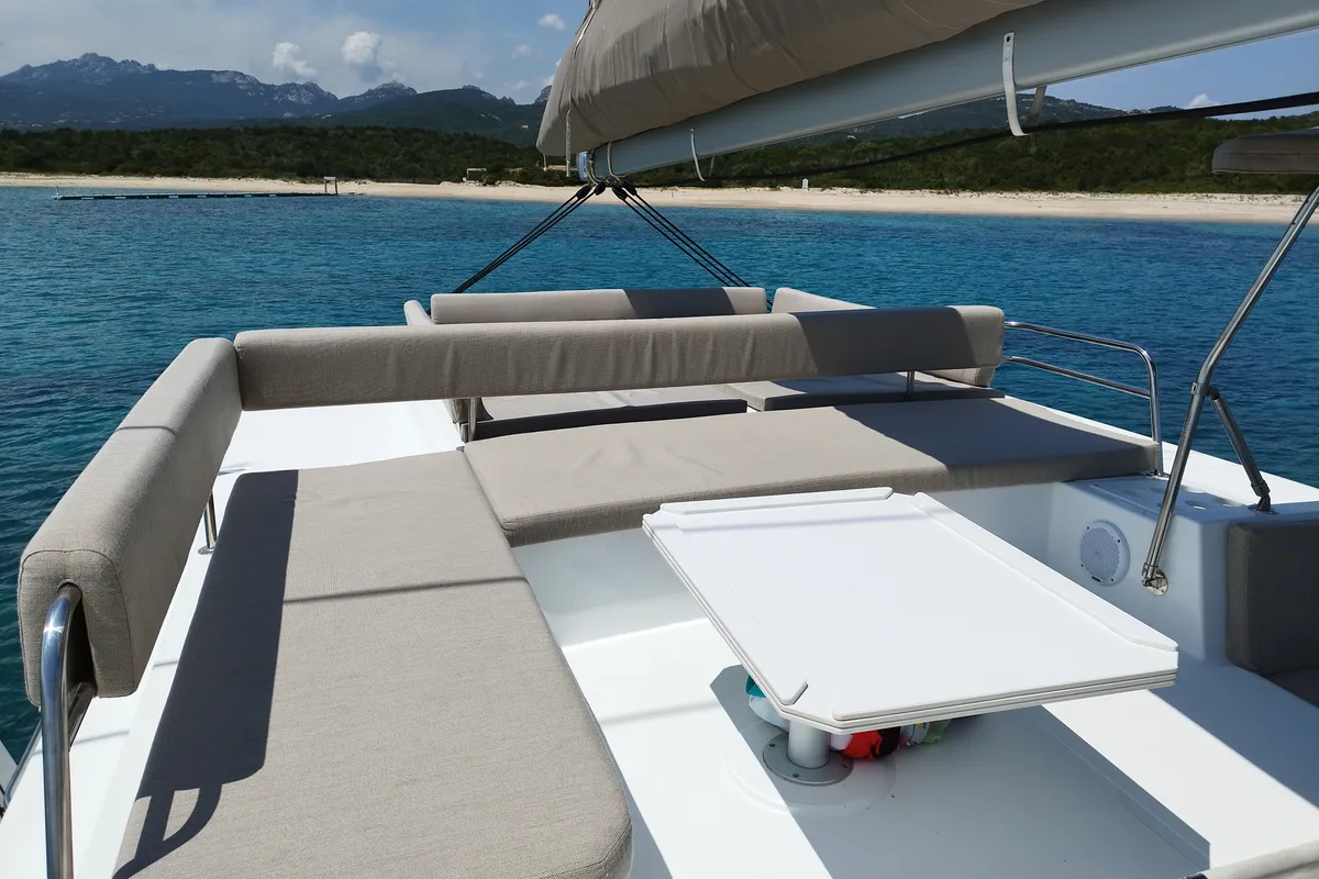 Deck of Stenella, a Bali 4.4 catamaran at Olbia, Italy