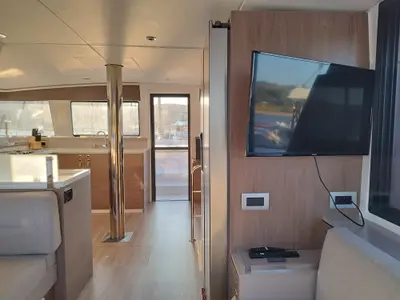 Salon of Stenella, a Bali 4.4 catamaran at Olbia, Italy