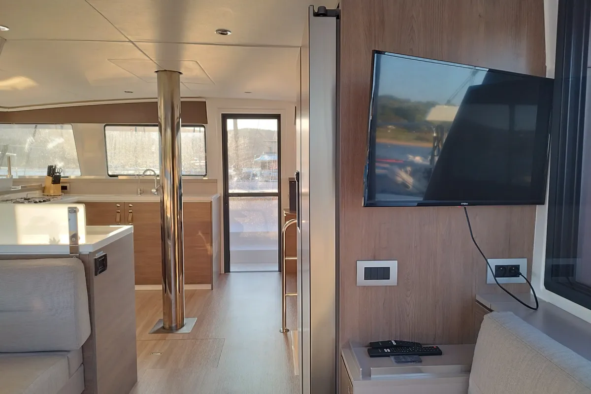 Salon of Stenella, a Bali 4.4 catamaran at Olbia, Italy
