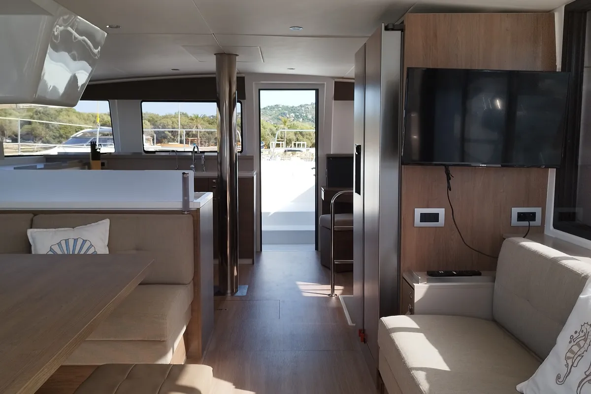 Salon of Stenella, a Bali 4.4 catamaran at Olbia, Italy