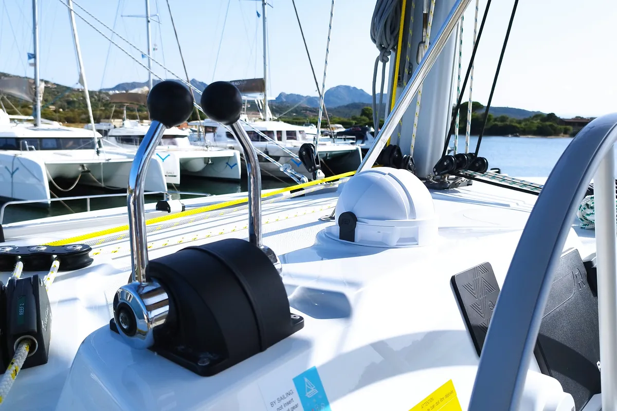 Cockpit of Stenella, a Bali 4.4 catamaran at Olbia, Italy