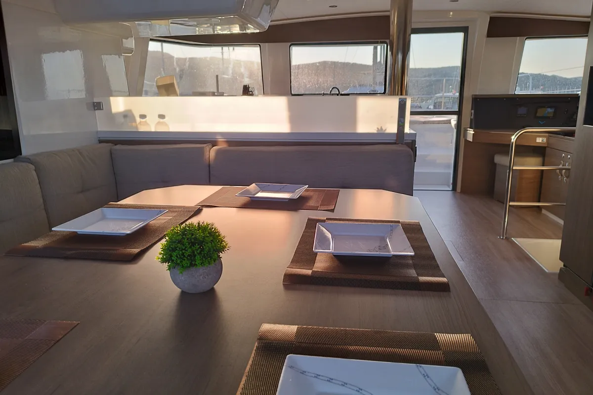 Salon of Stenella, a Bali 4.4 catamaran at Olbia, Italy