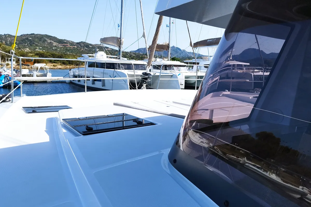 Deck of Stenella, a Bali 4.4 catamaran at Olbia, Italy