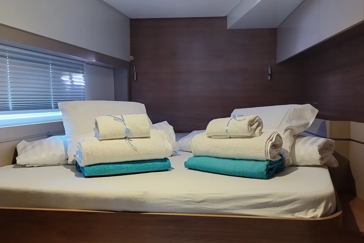 Cabin on Stenella, a Bali 4.4 catamaran at Olbia, Italy