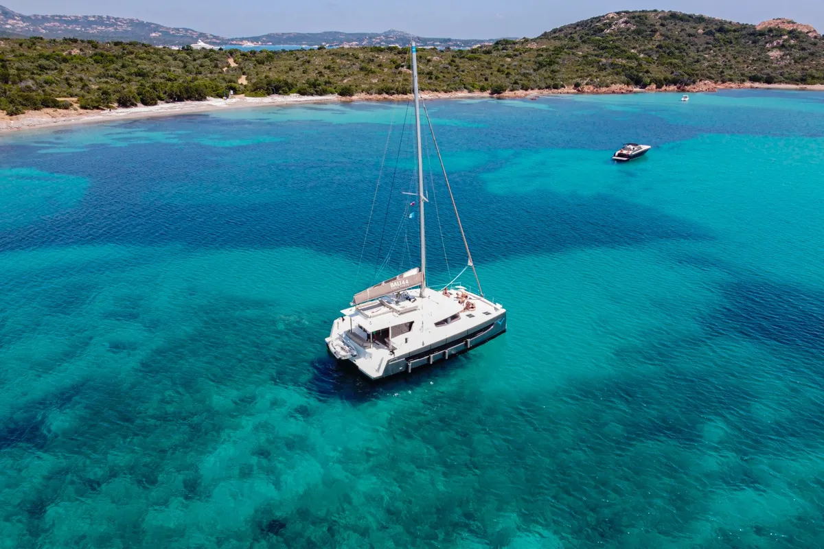 Exterior view of Stenella, a Bali 4.4 catamaran at Olbia, Italy