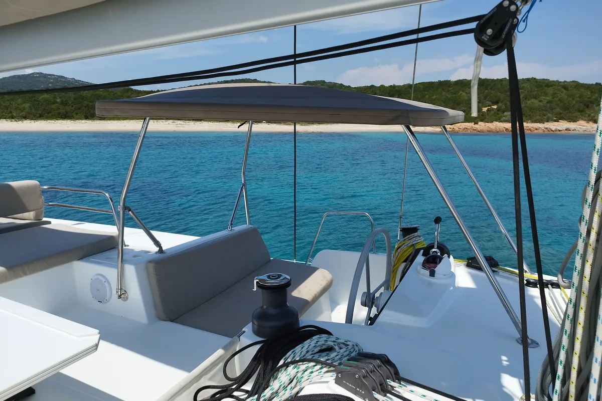 Cockpit of Stenella, a Bali 4.4 catamaran at Olbia, Italy
