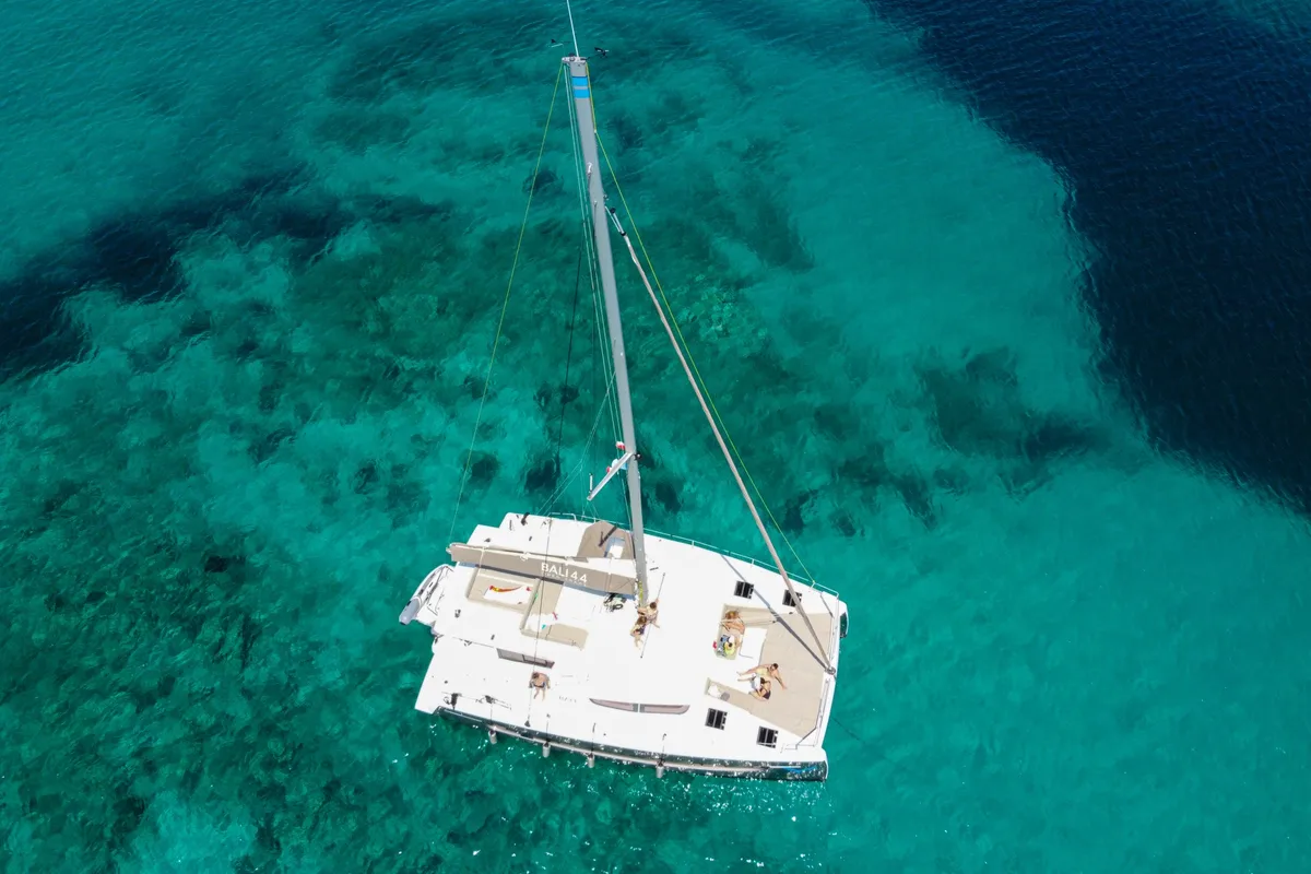 Exterior view of Stenella, a Bali 4.4 catamaran at Olbia, Italy