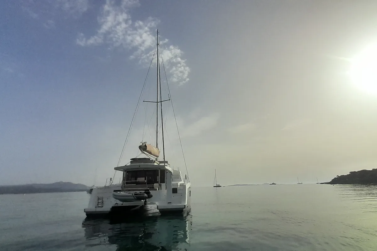 Exterior view of Stenella, a Bali 4.4 catamaran at Olbia, Italy