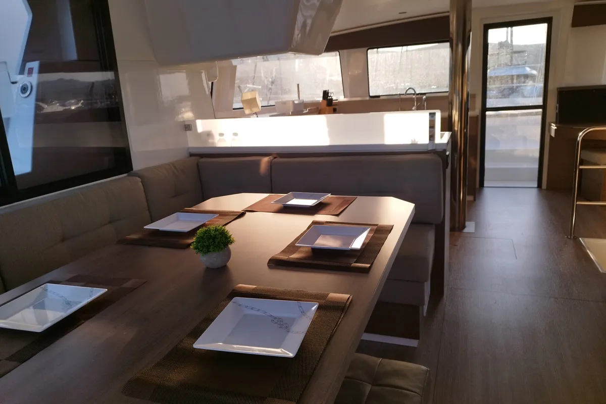 Salon of Stenella, a Bali 4.4 catamaran at Olbia, Italy