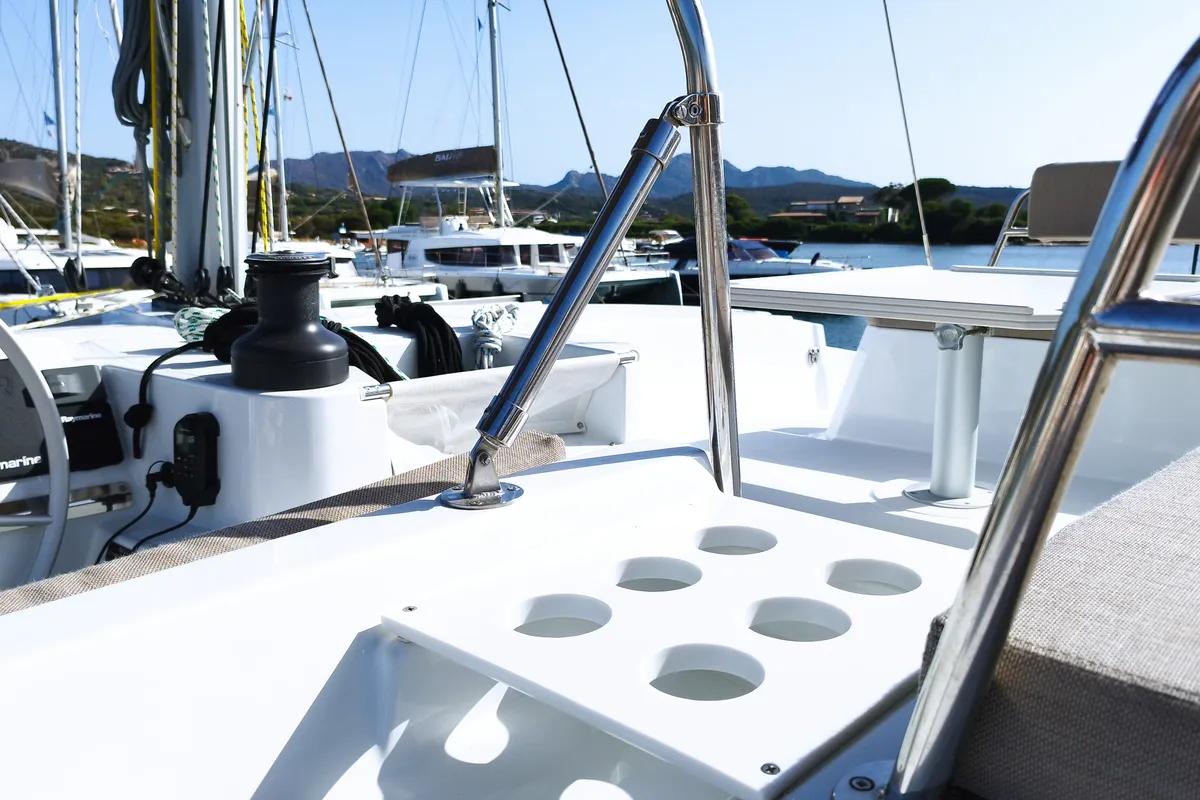 Deck of Stenella, a Bali 4.4 catamaran at Olbia, Italy