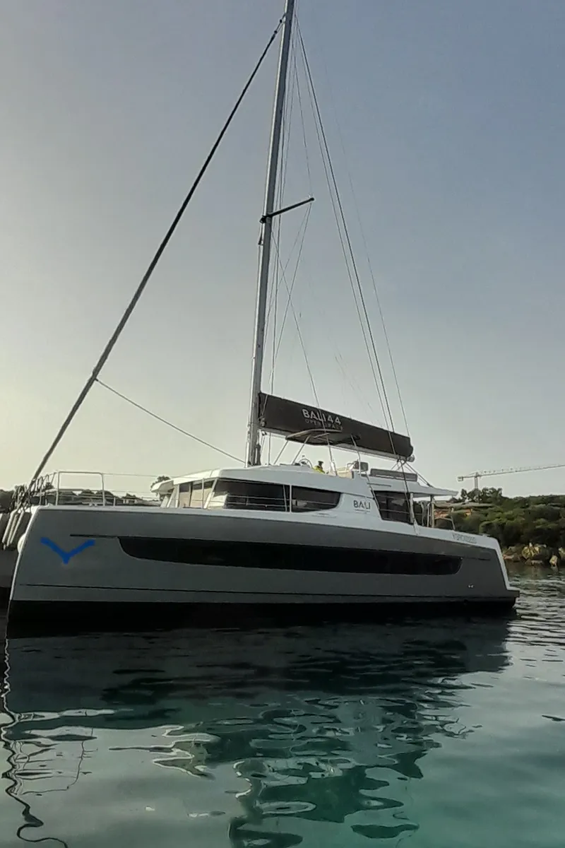 Exterior view of Stenella, a Bali 4.4 catamaran at Olbia, Italy