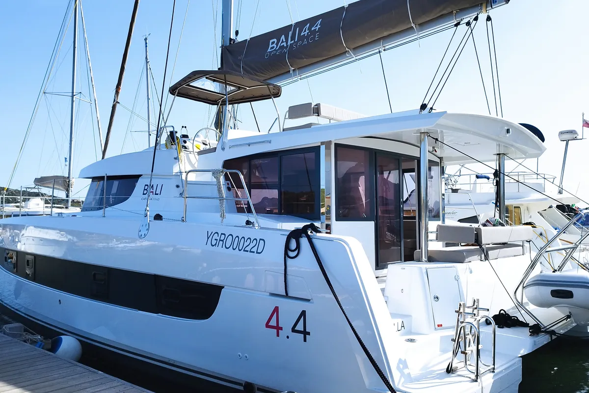 Exterior view of Stenella, a Bali 4.4 catamaran at Olbia, Italy