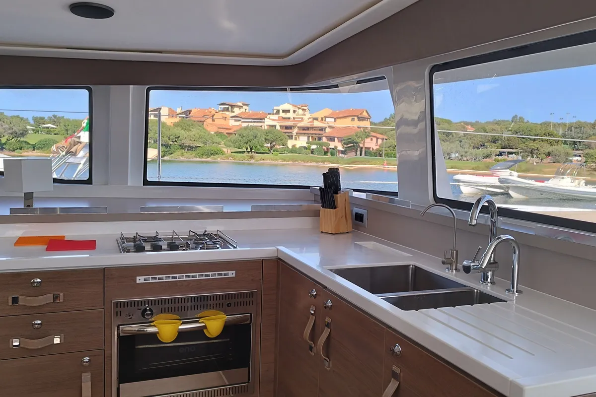 Galley of Stenella, a Bali 4.4 catamaran at Olbia, Italy