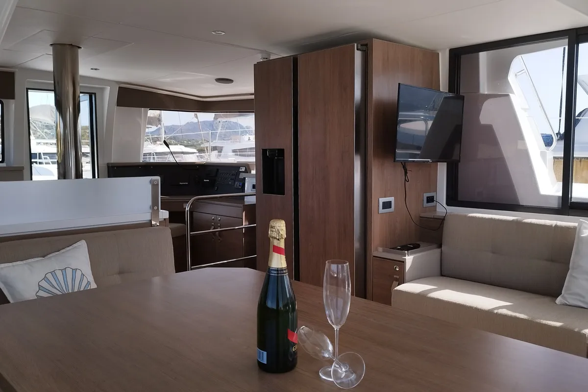 Salon of Stenella, a Bali 4.4 catamaran at Olbia, Italy