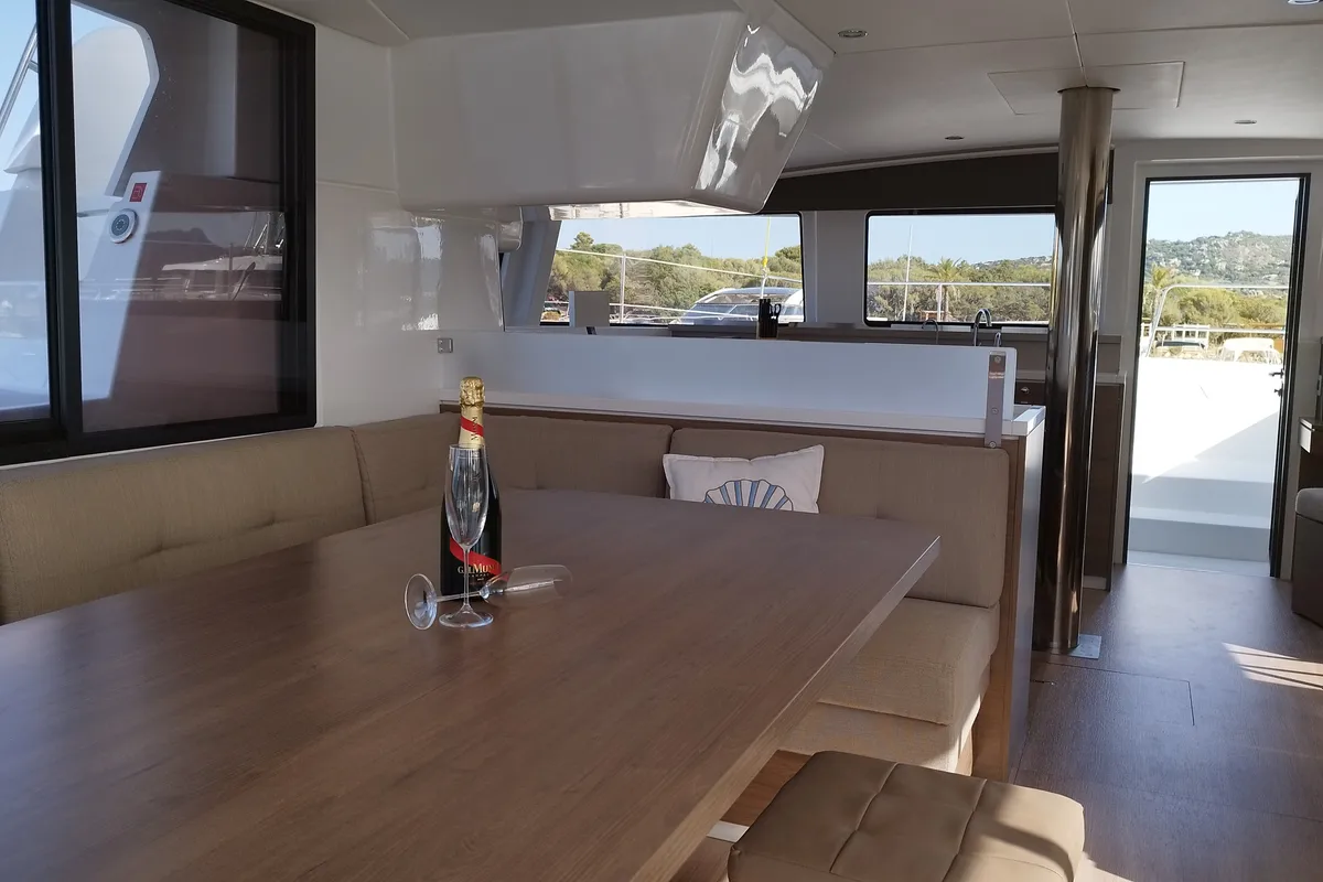 Salon of Stenella, a Bali 4.4 catamaran at Olbia, Italy