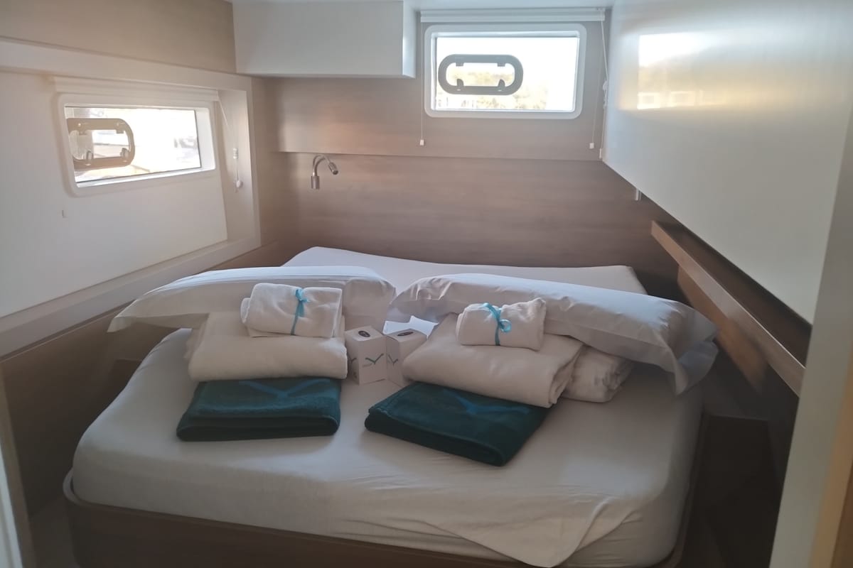Cabin on Stenella, a Bali 4.4 catamaran at Olbia, Italy