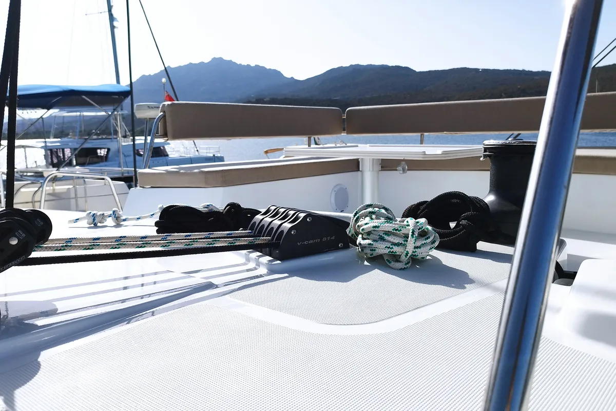Deck of Stenella, a Bali 4.4 catamaran at Olbia, Italy
