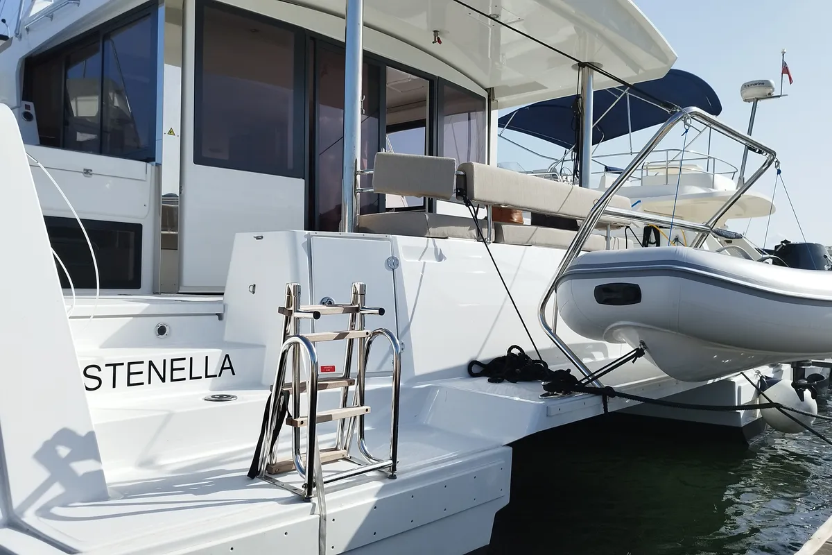 Exterior view of Stenella, a Bali 4.4 catamaran at Olbia, Italy