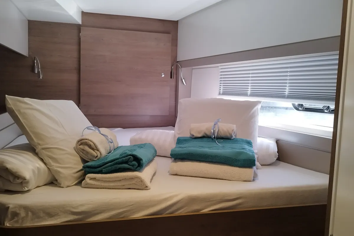 Cabin on Stenella, a Bali 4.4 catamaran at Olbia, Italy