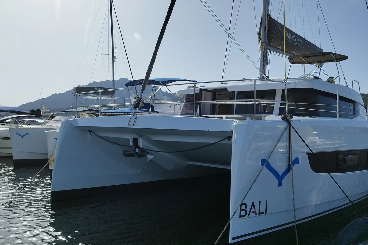 Exterior view of Stenella, a Bali 4.4 catamaran at Olbia, Italy