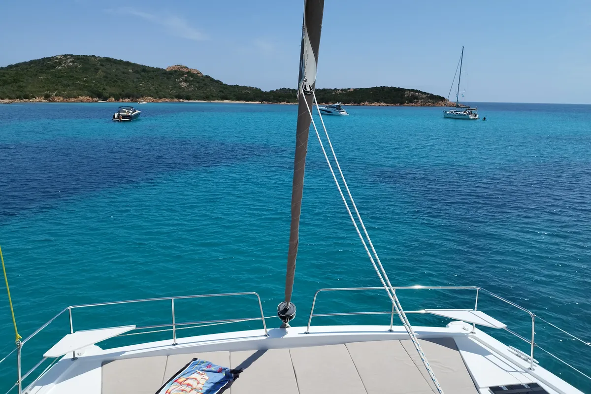 Deck of Stenella, a Bali 4.4 catamaran at Olbia, Italy