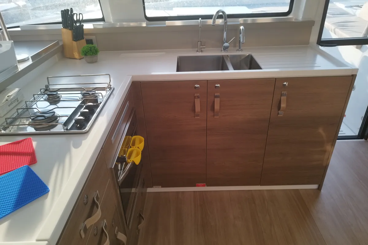 Galley of Stenella, a Bali 4.4 catamaran at Olbia, Italy