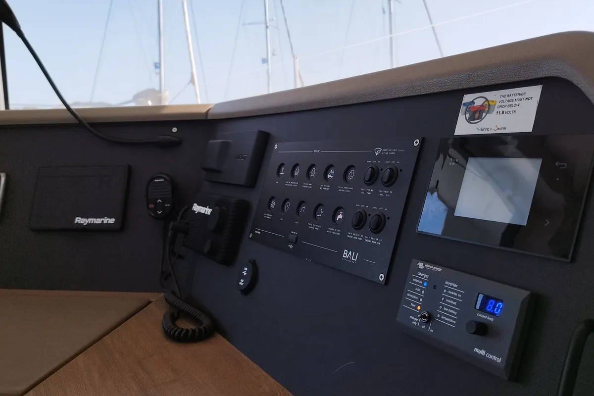 Cockpit of Stenella, a Bali 4.4 catamaran at Olbia, Italy